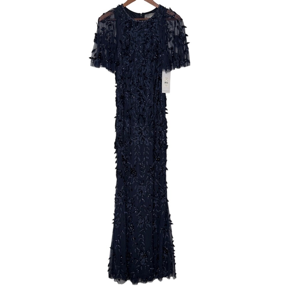 THEIA Flutter Sleeve Petal Applique Gown Midnight Blue Size 6 NWT $1295 - Picture 2 of 8